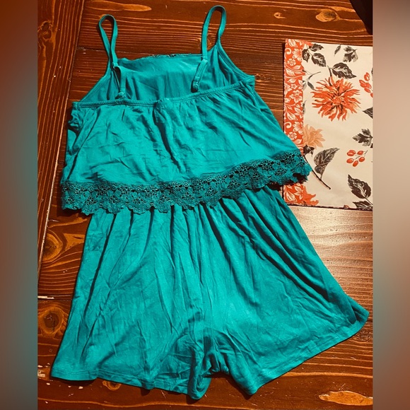 Lace accent flounce top teal romper - Picture 2 of 5
